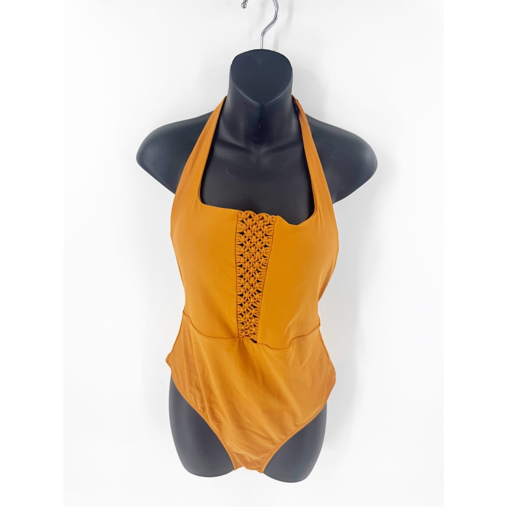 Aerie Womens Orangeโ Macrame Halter One Piece Swimsuit Size L 6619-2014-20